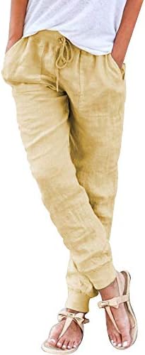 Puimentiua Women's Tapered Pants Linen Drawstring Back Elastic Waist Pants Trousers with Pockets.