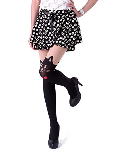 HDE Women's Cute Tattoo Print Stockings Novelty Design Sheer Tights Pantyhose (Red Bowtie Neko Cat)