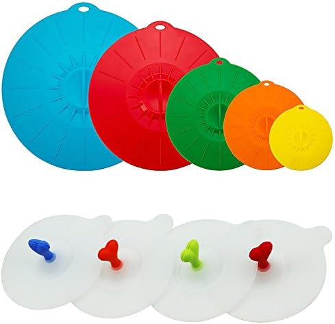 Silicone Covers and Splash Guard for Pots, Small Skillets, Microwave, No More Splatter, Keep Food Covered Heating to Serving. 5 Lids Plus 4 Mug and Glass Silicone Suction Lids Keeps Out Pet Hair!