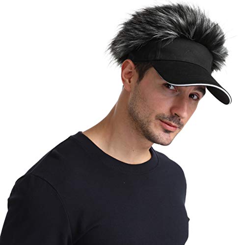 Men\'s Novelty Flair Spiked Hair Visor Sun Funny Golf Hats Fake Wig Peaked Adjustable Baseball Caps