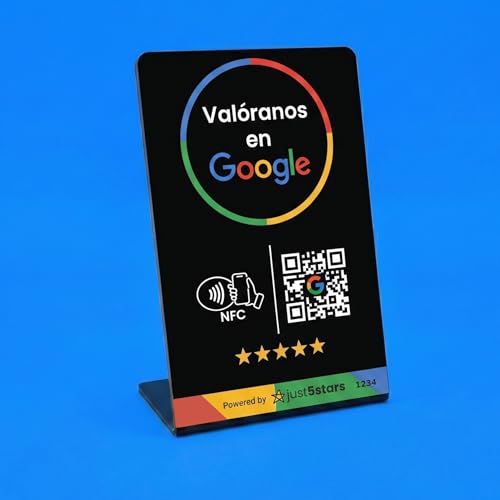just5stars - NFC and QR Support for Google Reviews - No Subscriptions - PVC, 10.8 X 16.5 cm, Professional Design. Display/Display/Stand (Black)