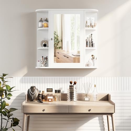 Shintenchi Bathroom Wall Cabinet with Mirror, Mounted Medicine Cabinets with 4 Internal and 6 Open Shelves, Mirrored Door Over the Toilet Storage, White