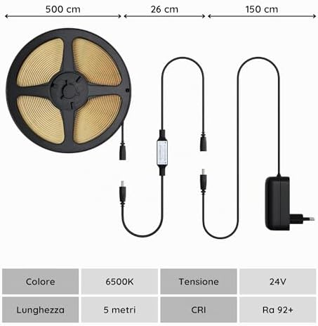 Striscia LED COB 5 Metri Bianco Freddo, Luci LED Strisce Sottopensile Cucina, Camera e TV Light Strip. Luce Interne Adesive Dimmerabili, 480LED/m, 6500K. Include Telecomando, Trasformatore 24V