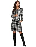 Halife Womens Plaid Striped Swing Tunic Dress Long Sleeve T-Shirt Dress w/Pockets