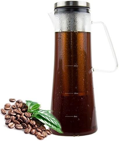 Cold Brew Coffee Maker | Coffee &Tea Pitcher, Tea Infuser, 1.0L / 34oz Glass Carafe, BPA Free, Odor & Stain Free, Ergonomic Spout, Removable Stainless Steel Filter.