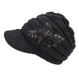 Women's Cable Knit Visor Hat with Flower Accent Black Color