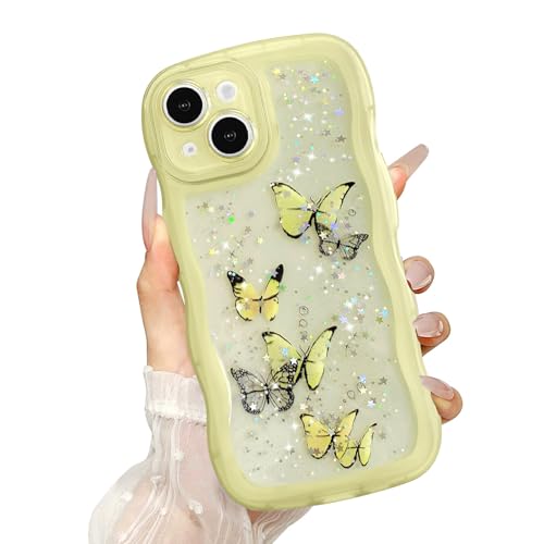 UEEBAI Wave Butterfly Case for iPhone 14 Case, Pretty Bling Star Butterfly for Women Cute Shiny Glitter Phone Cover for Girls Bling Clear Cover Curly Shockproof Girly Shell - Yellow