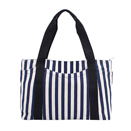 Striped Canvas Tote Bag. Canvas Tote Bag with Multiple Pocket/Zipper