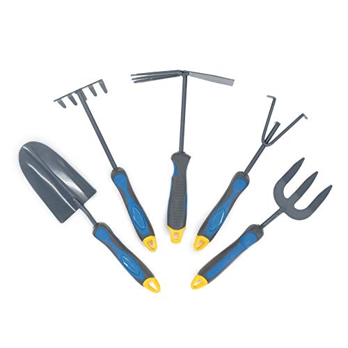 Hortem 5PCS Lightweight Gardening Hand Tools Set- Heavy Duty Comfortable Garden Tools Set Include Garden Trowel, Hand Rake Hoe, Cultivator- Gardening Gifts for Men Women