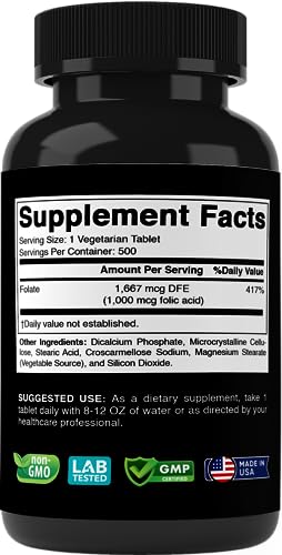 Vitabod Folic Acid 1 mg (1000 mcg) (Vitamin B9) - 500 Vegetarian Tablets - an Essential Prenatal and Postnatal Vitamin