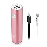 3400mAH Mini Power Bank - iXCC Aluminum Lipstick-Sized External Battery Pack Portable Charger with 4-Inch Apple MFi Certified Lightning Cable - Pink