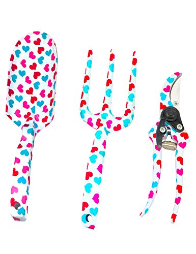 GS Tools 3 Piece Aluminum Garden Tool Set with Floral Print, Gardening Tool Kit – Hand Trowel, Fork, Pruning Shear Best Gift for Women and Children