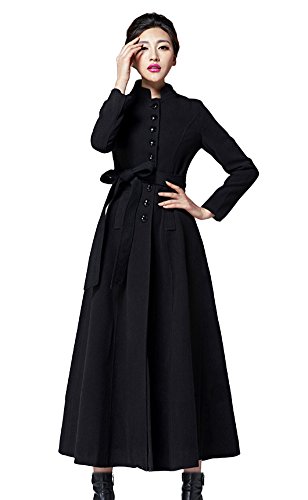 Chickle Women's Stand Collar Single Breasted Belt Long Wool Coat Black