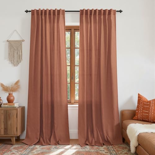 KOUFALL Terracotta Linen Curtains for Living Room Boho Fall Decor Set of 2 Panels Rod Pocket Back Tab Semi Sheer Thanksgiving Brick Rust Burnt Curtains for Dining Room Bedroom, 52x84
