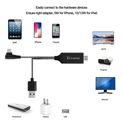 Compatible with iPhone iPad to HDMI Adapter Cable, Kicoeoy 6.6ft Digital AV Adapter 1080P HD TV Connector Cord Compatible with iPhone Xs Max XR 8 7 6Plus 5 iPad iPod to TV (Black)