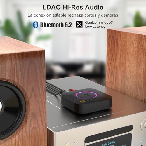 1Mii B06S+ LDAC Receptor Bluetooth 5.2 HiFi, Adaptador Audio Bluetooth con Aptx Baja Latencia & HD, Salida RCA/AUX 3,5 mm Jack, Control Volumen, 100ft Receptor de Largo Alcance para Estéreo Doméstico