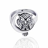 925 Oxidized Sterling Silver Detailed Midnight Owl with Crescent Moon Ring - Nickle Free