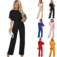RIBITENS Women Casual Solid Short Sleeve Bow Overall Wide Leg Loose Jumpsuit Overalls Black