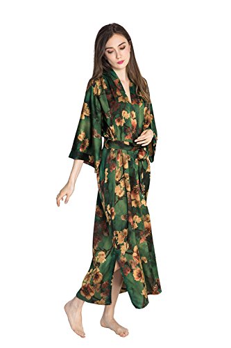 Old Shanghai Women's Kimono Robe Long - Watercolor Floral, Azumi- Green