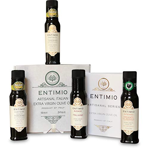 Entimio Collection | Extra Virgin Olive Oil Gift Set, Delicate to Robust Italian Olive Oil | 2018 Harvest, Italy, Tuscany, Gold Awards | First Cold Pressed, Rich in Antioxidants | 13.5 (4 x 3.4) fl oz