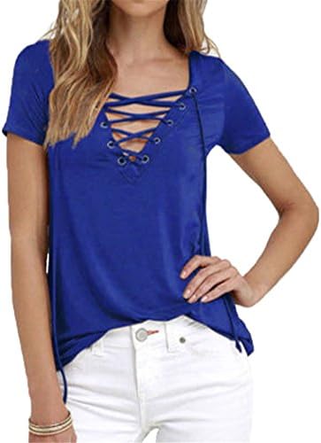 Women Summer Sexy V Neck Blouses Short Sleeve Casual Hollow Out Lace Up Solid Shirts Oversized Blusas Tee Tops