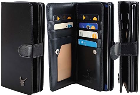 Luxury [Dual Wallet] [Wristlet] Cow Leather [7 Card Slot] [Standing] Book Wallet Flip Case Cover for LG V10 (Black)