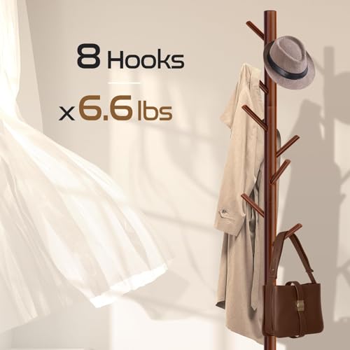 Solid Wooden Coat Rack Freestanding, New Zealand Pine Coat Tree with 8 Hooks & 3 Adjustable Sizes for Coats, Hats, Handbags and Scarves, Space Saving for Entryway/Office/Bedroom (175cm)