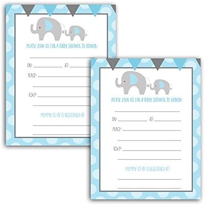 Blue Elephant Boy Baby Shower Invitation Cards Fill-in (20-count)