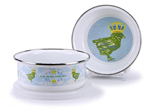 Enamelware - Chirp Boy Pattern - Kids 3 Piece Giftboxed with 4 Ounce Mug, 14 Ounce Bowl and 8 Inch Plate