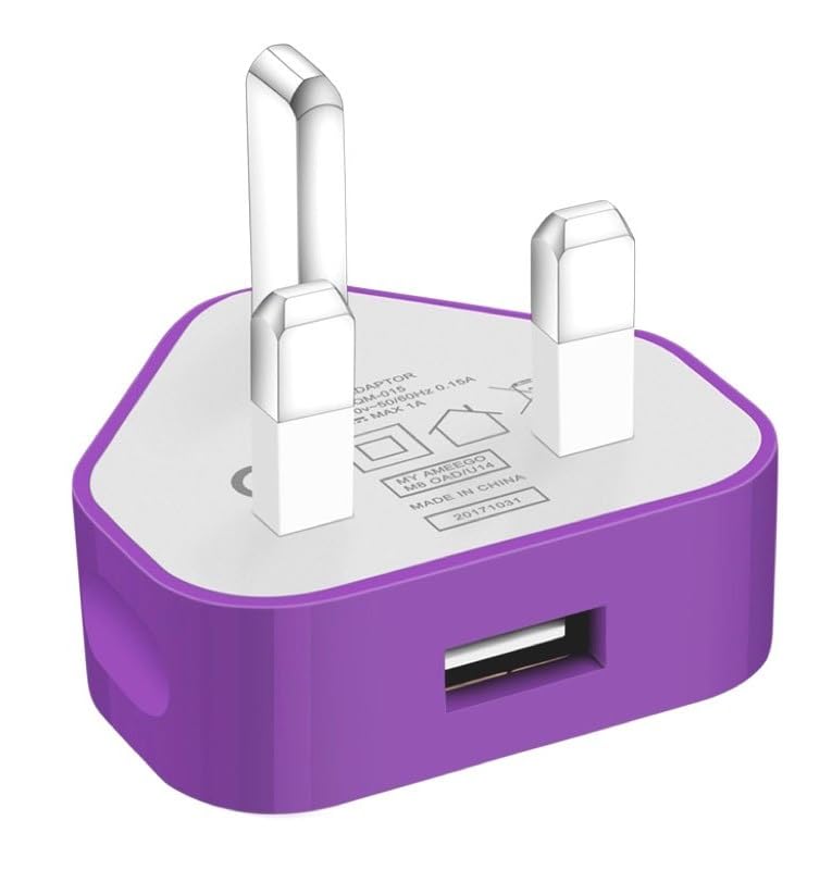 AMO® Universal USB Mains UK 3 Pin Plug Charger Adapter Compatible with Samsung Galaxy Compatible with iPhone iPad Sony Tab HTC Windows Phone Tablet & USB Socket (Purple)