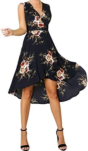 Dressit Women's Boho Deep V Neck Empair Waist Floral Chiffon Wrap Split Midi Dress (Medium, Black)