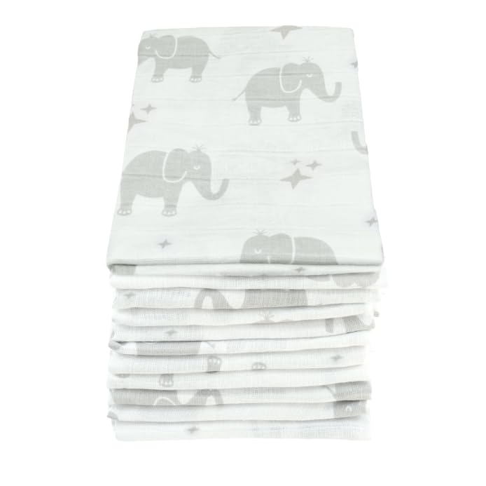 MuslinZ 12 Pack Muslin Cloths 70 x 70cm 100% Pure Cotton Burp Cloths - Multi Use Muslin Squares (Grey Elephant)