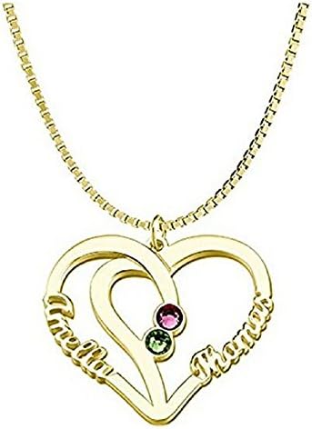 Grancey Personalized Birthstone Heart Necklace with Engraving Two Names—Double Heart Pendant Necklace for Couple Twins Girlfriend Bestie Sister Women
