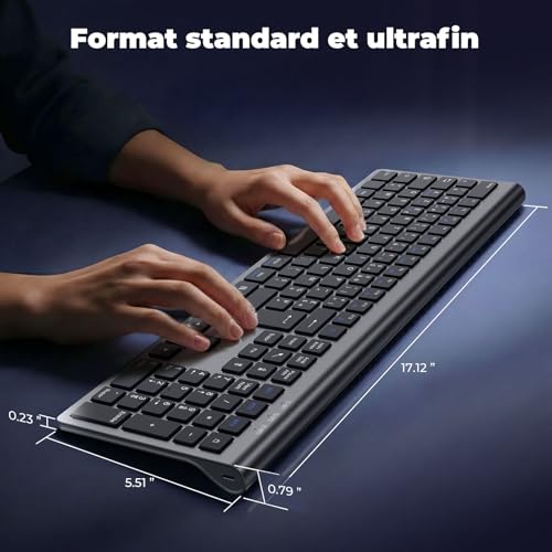 cimetech Wireless Rechargeable Bluetooth Keyboard Silent Ultra-Slim French AZERTY Keyboard with Numeric Pad for MacOS/iOS/Android/Windows/PC/Computer/Laptop/Laptop - Grey Black