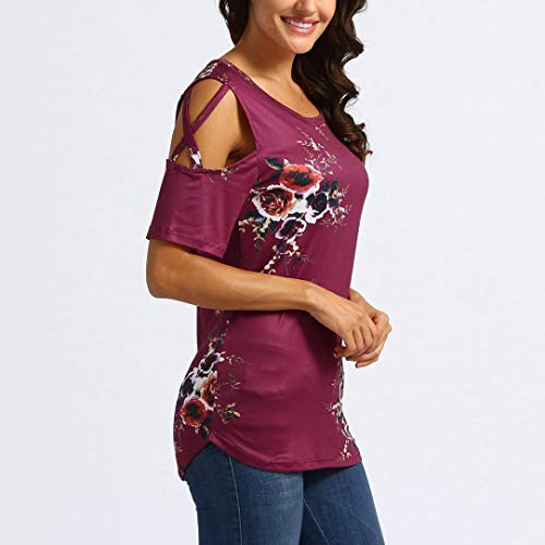 UONQD 2019d Black Summer T Shirt Women Short Sleeve Cold Shoulder Loose Fit Pullover Casual Top(Medium,x1-Wine Red)