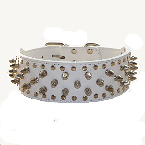 haoyueer Faux Leather Spiked Studded Dog Collar for Medium Large Dogs Pit Bull Mastiff Bully Boxer (M, White)