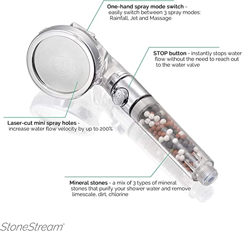 Shower Head High Pressure by StoneStream® Original Filter Shower Head for Hard Water with 3 Spray Settings — with EcoStop Button (ON/Off) for Non-Electric Showers Only