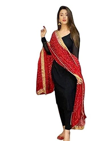 GBS SHOPY Black Women Kurti Pant Plazzo with Rajasthani Bandhej Dupatta Set Full Sleeves Sweat Heart Neck Style