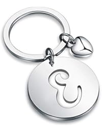 HOLLP Silver Initial Disc Charm Keychain 26 Initial Letter Alphabet Key Ring A-Z Initial English Charm Stainless Steel Initial Keychain for Women (E)