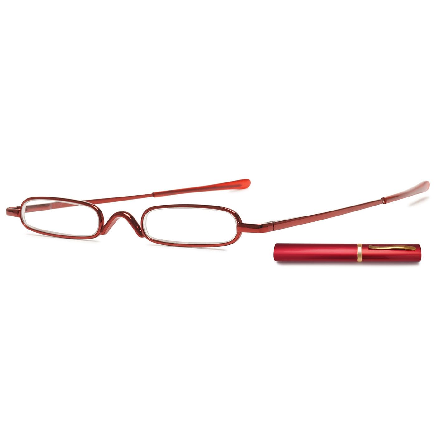 ABETOS Mini Compact Reading Glasses Slim Pen Reader Glasses with Portable Clip Case Metal Frame Spring Hinges Fashion Pocket Readers for Men Women, Red 2.75