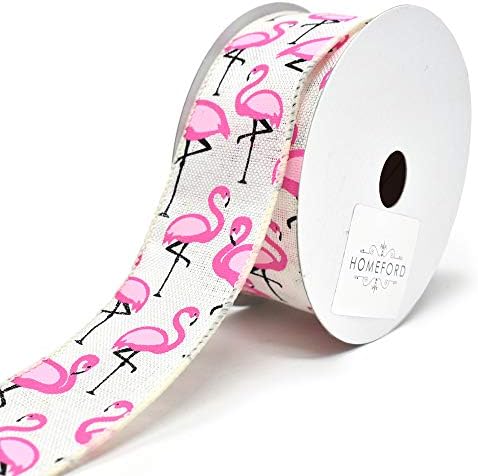 Homeford Tropical Flamingo Wired Linen Ribbon, 1-1/2-Inch, 10-Yard (Ivory)