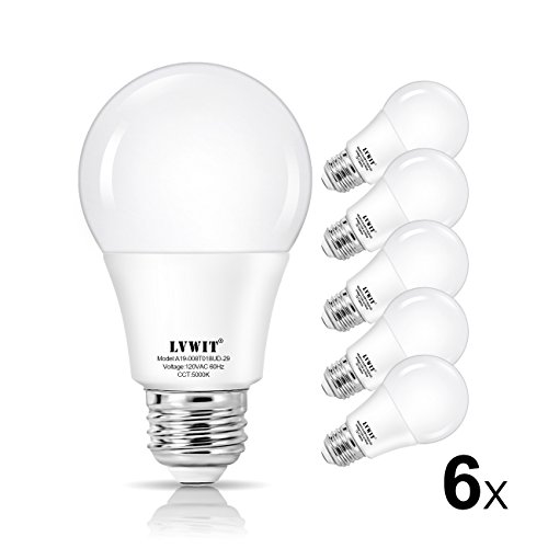 LVWIT A19 LED Bulb 60 Watt Equivalent 5000K Daylight Light Bulb 720 Lumens E26 Bulb Base 8W LED Bulbs Non-dimmable UL-Listed 6-Pack