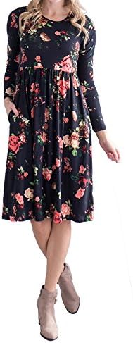 Uncinba Womens Long Sleeve Floral Print Casual Pleated T-Shirt Dress With Pockets