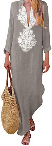 Women’S Fashion Printed Long Sleeve V-Neck Silky Vintage Elegant Maxi Dress Split Hem Baggy Kaftan Long Dress