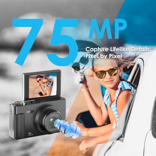 Digital Camera, 5K 75MP UHD Digital Camera with 64GB Micro SD Card, 2.83-inch 180° Rotatable Screen, 18X Zoom, Anti-Shake, Compact Camera for Kids, Adults, Beginners (Black)