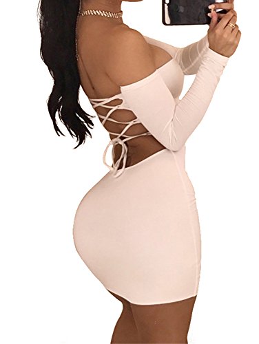 TOB Women's Sexy Off Shoulder Backless Lace Up Club Bodycon Mini Dress,White,Medium