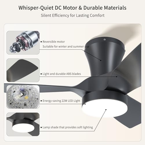 Ceiling Fan with Light and Control 80 cm for Low Ceilings, Silent DC Motor with Memory, 6 Speeds, Adjustable 3000-6000K, Timer, Reversible Summer/Winter, for Bedroom Living Room, Black
