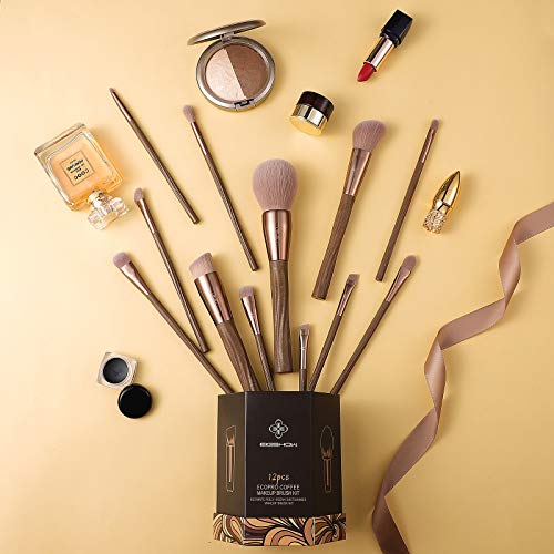 Makeup Brushes Set 12Pcs Vegan Brush Kit for Powder Foundation Blush Blending Eye Shadow Eyeliner Cosmetics Brushes with Portable Brush Holder- Cruelty-Free Synthetic Bristle (Coffee)