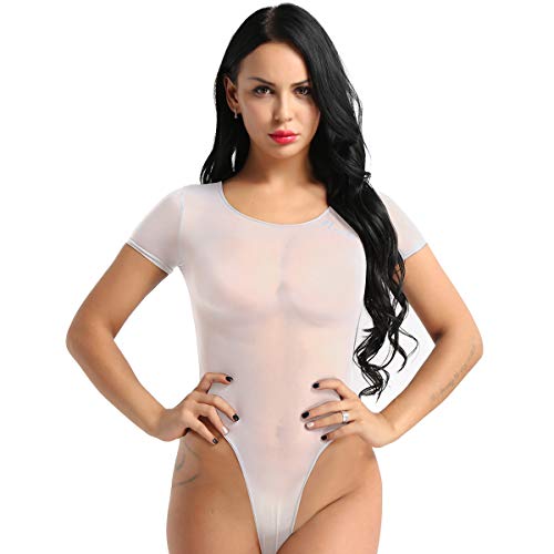 Women's See Through Sheer Mesh Teddies Short Sleeve Lingerie Bodysuit Jumpsuit