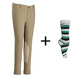 TuffRider Children's Starter Lowrise Pull-On Jods with Free Assorted Striped Socks | Children UltraGripp Knee Patch Horse Riding Pants with Free Socks